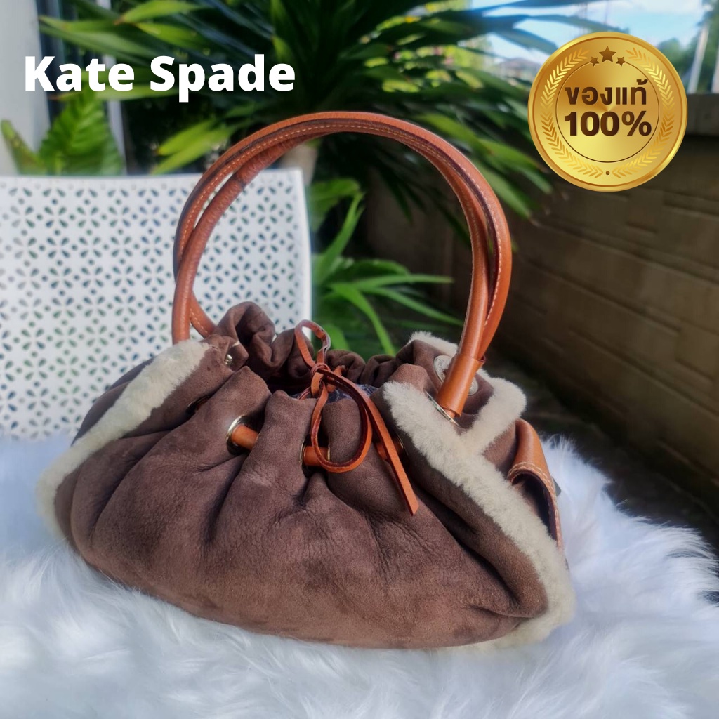 กระเป๋าถือ Kate Spade มือสองของแท้ หนังนุ่มสีน้ำตาล หูน้ำตาล อะไหล่ทองสวย ด้านในสะอาดลายจุดราคาดีมาก