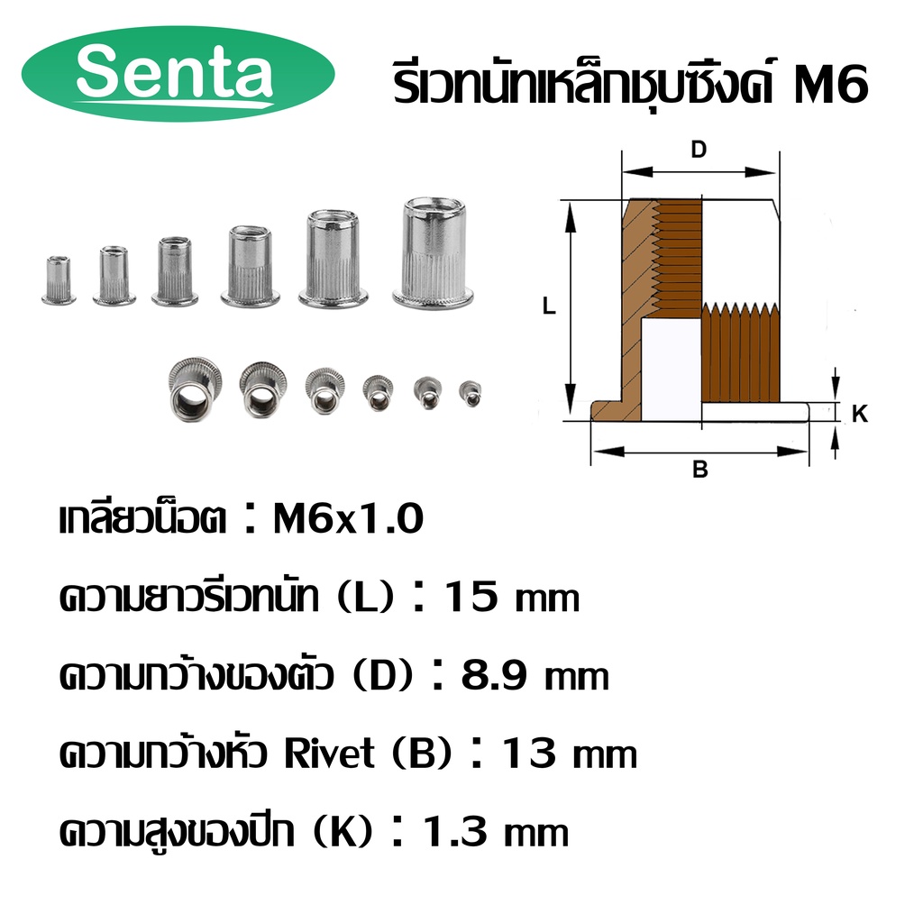 รีเวทนัท รีเวทนัทเหล็กชุบซิ้งค์ M3 M4 M5 M6 M8 M10 M12 สำหรับสกรู (STEEL RIVET NUT ZINC PLATED) ลูกรีเวท รีเวท ราคา ถูกที่สุด ดีลบีเคเค แกลเลอรีภาพที่ 6