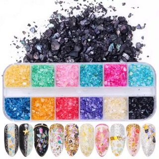 เปลือกหอยละเอียดสำหรับตกแต่งเล็บ 12สี แบบกล่องยาว seashell nail glitter mix 12 colour set