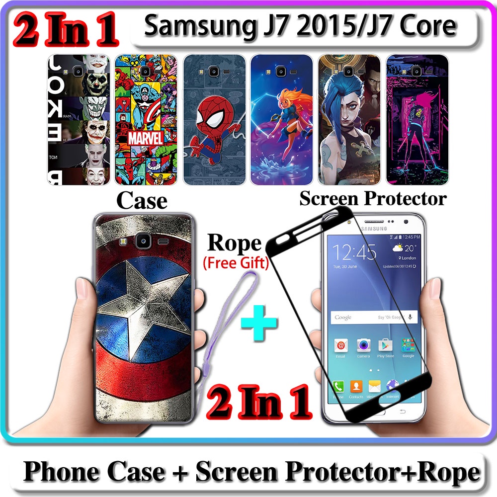 2 IN 1 เคส Samsung J7 2015 J7 Core เคส พร้อมกระจกนิรภัย โค้ง เซรามิก ป้องกันหน้าจอ LOL และฮีโร่