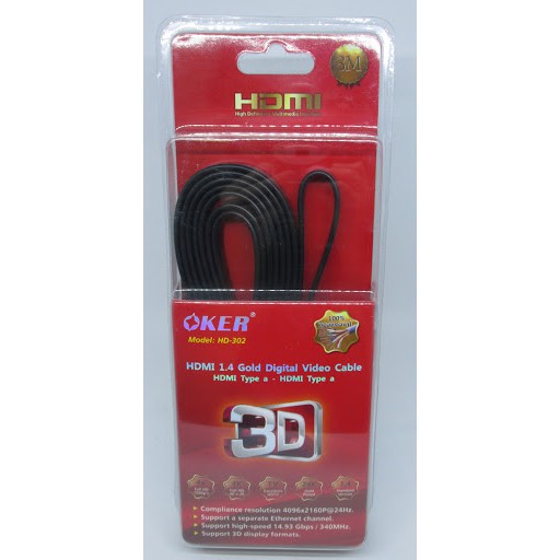 สาย Hdmi​ Oker​ HD-302​ ยาว 3​ เมตร​ 1.4 Gold​ สายแบน