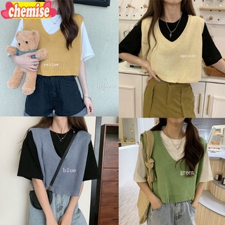 Chemisegrace✨พร้อมส่ง✨  เสื้อกั๊ก คอวี ตัวสั้น เสื้อเเฟชั่นไหมพรมเเขนกุด เสื้อครอป เทรนด์แฟชั่นกำลังฮิต 73031