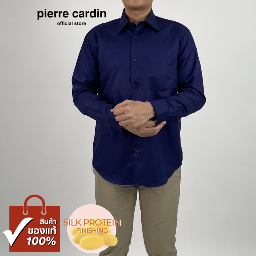 Pierre Cardin เสื้อเชิ้ตแขนยาว Silk Protein Finishing Basic Fit รุ่นมีกระเป๋า ผ้า Cotton 100% [RHS2519-NV]