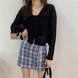 Cicishop(Y5698)เสื้อคลุมแขนยาวไหมพรม คอวี ซีทรูบางๆ ใส่สบาย