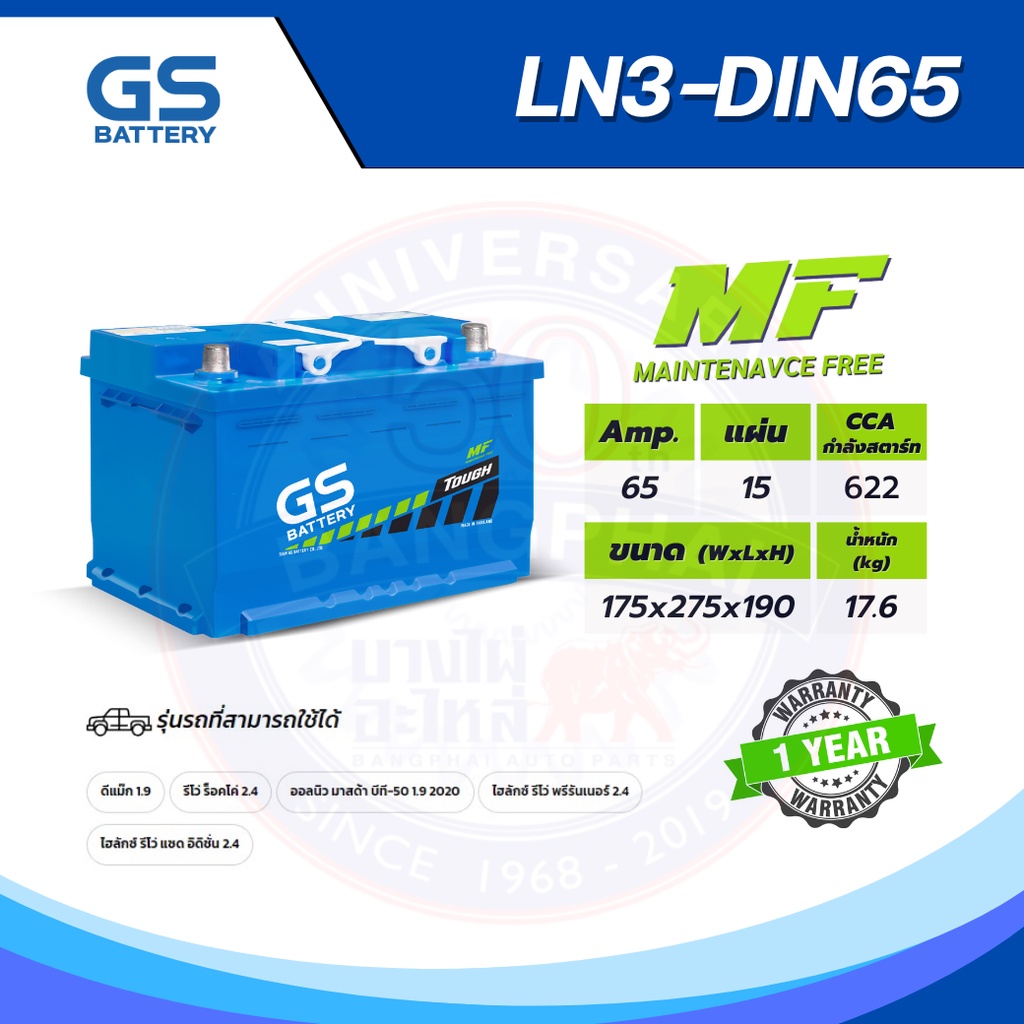 แบตเตอรี่ GS LN3-DIN65 (MF:DIN) 65Amp.