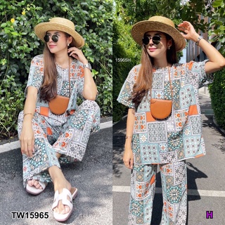 TW15965 Set 2 ชิ้น Bohemian Chill Set เซตเสื้อแขนสั้นทรง oversize คอวีด้านหลัง + กางเกงขายาว เนื้อผ้าโพลีเอสเตอร์