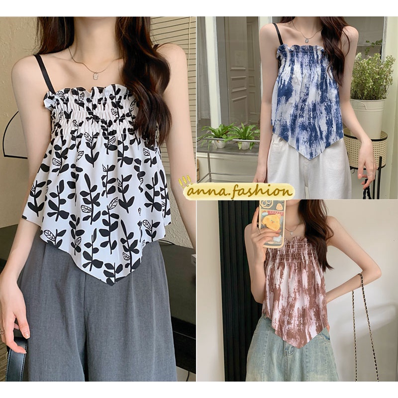 anna 6096 พร้อมส่ง เสื้อสายเดี่ยว พิมพ์ลายดอกไม้ ใบไม้ สไตล์วินเทจ สำหรับสตรี