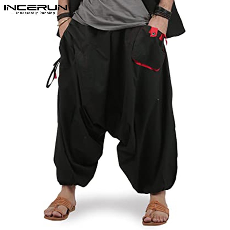 Incerun กางเกงฮาเร็ม ลําลอง เอวยางยืด ทรงหลวม แนวตรง สําหรับผู้ชาย