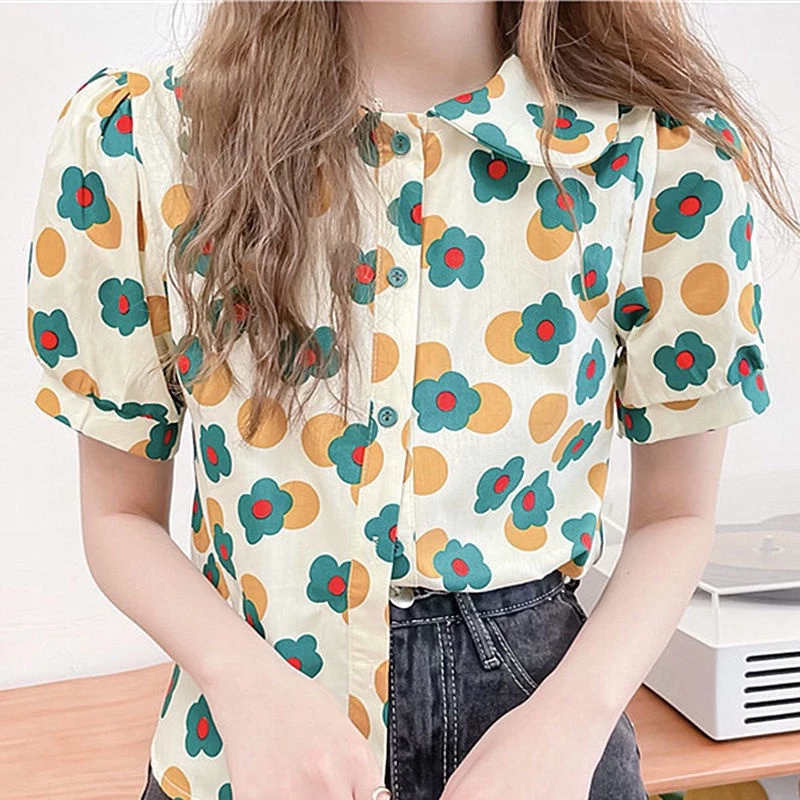 เสื้อเชิ้ตแขนสั้นลายดอกคอตุ๊กตา แขนพอง สไตล์เกาหลี thumbnail 9