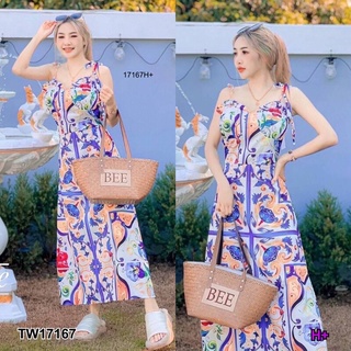 B17167 เดรสสายเดี่ยวผูกไหล่พิมลายกราฟฟิก One-shoulder dress with graphic print