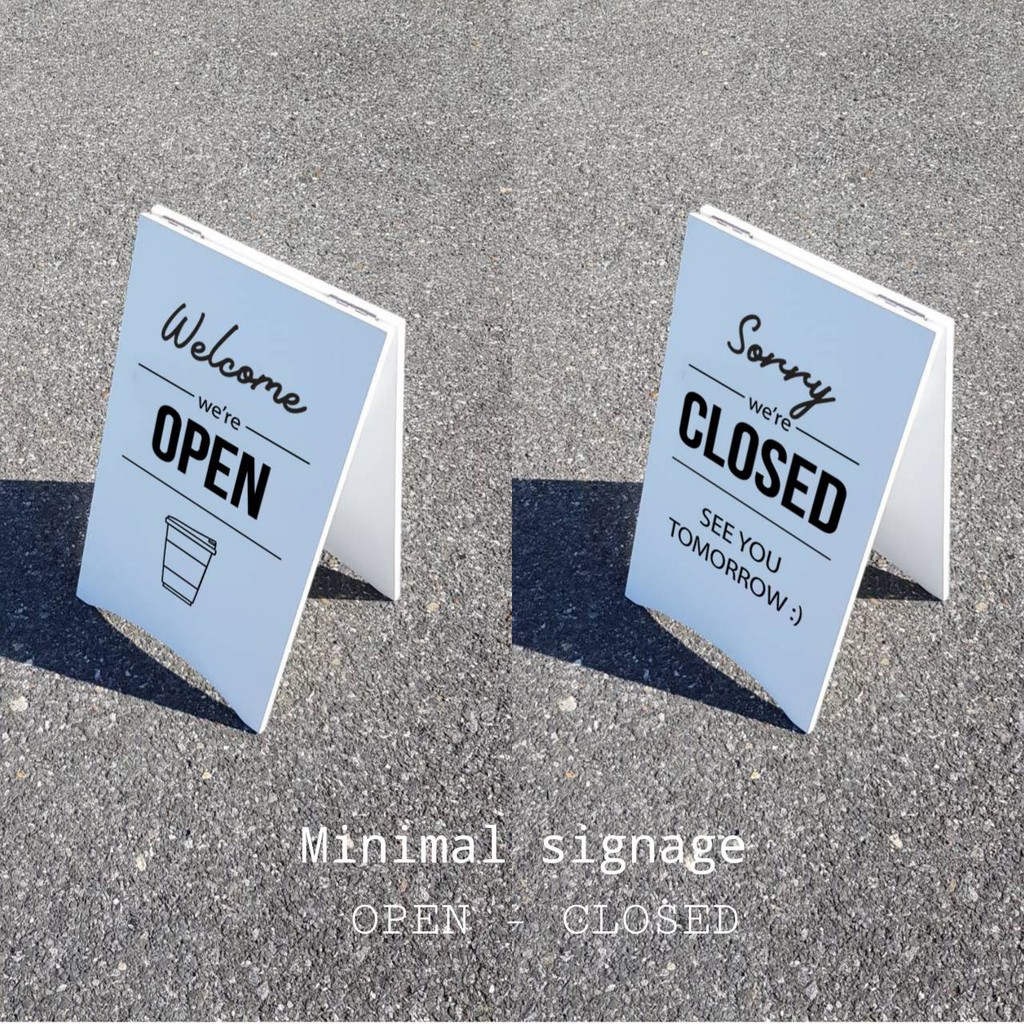 SALE ป้ายตั้งมินิมอล 2 หน้า (30×50ซม) ป้าย Welcome OPEN รูปแก้ว & CLOSED สไตล์เกาหลีสวยๆ ป้ายร้าน คาเฟ่