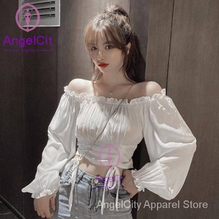 Angelcity ✅ เสื้อเชิ้ตแขนยาว เปิดไหล่ข้างเดียว เข้ากับทุกการแต่งกาย สไตล์เกาหลี สําหรับผู้หญิง