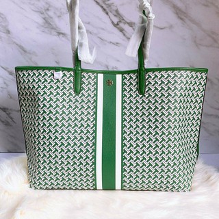 TORY BURCH Court Green Gemini Link Stripe Canvas Tote