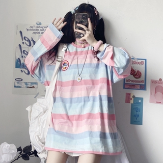 KKLIMISS1 เสื้อยืดสีรุ้ง ผ้าฝ้าย ลายทาง Oversize เสื้อแขนยาวแบบโอเวอร์ไซด์ เสื้อทรงหลวม