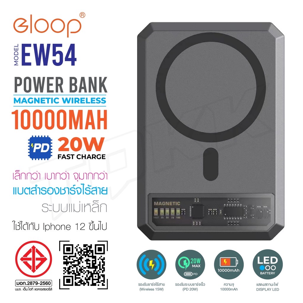 Eloop EW54 /EW55 Magnetic ชาร์จ 20W 10000mAh แบตสำรอง ไร้สาย Battery Pack PowerBank พาวเวอร์แบงค์ Wireless Charger