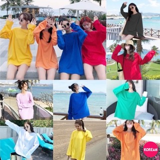 🎀Korean Fashion🎀เสื้อยืด คอกลม แขนยาว ทรงโอเวอร์ไซส์ สีพื้น มี 9 สี