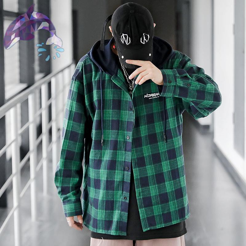 เสื้อกันหนาวเท่ๆ  ✕♞เสื้อมีฮู้ดลายสก๊อตผู้ชายฤดูใบไม้ร่วงเทรนด์เกาหลีอ้วนแขนยาวพิมพ์เสื้อแจ็คเก็ตหลว