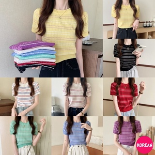 🎀Korean Fashion🎀เสื้อยืดไหมพรม ลายริ้วเล็ก 8 สี เขียวมิ้น ม่วง ฟ้า ดำ เหลือง แดง ขาวน้ำเงิน ขาวชมพู