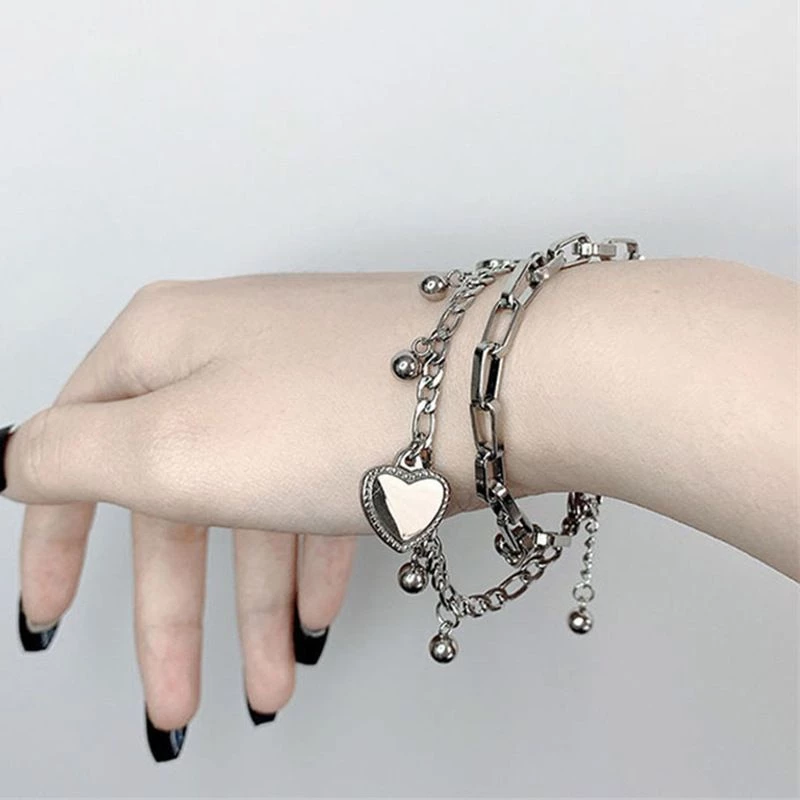 กำไลข้อมือเงิน จี้รูปหัวใจสลับกระดิ่ง สร้อยข้อมือโซ่ สร้อยเงิน เครื่องประดับแฟชั่น สำหรับผู้หญิง สไตล์เกาหลี B19