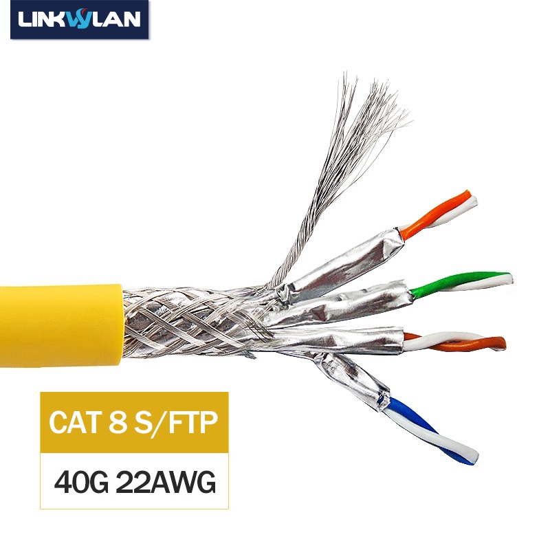 Linkwylan CAT8 สาย 40G 2000MHz S/FTP Shielded 22AWG Solid ติดตั้งสาย 24AWG Stranded Patch ดิบสาย Twi
