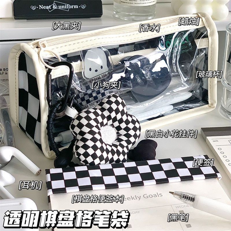 Oya D187 กล่องดินสอกระดานหมากรุกใสสองชั้นกันน้ํา pvc สีดําสีขาวปากกากระเป๋าเครื่องเขียนความจุขนาดใหญ่กระเป๋าเก็บเครื่องสําอาง
