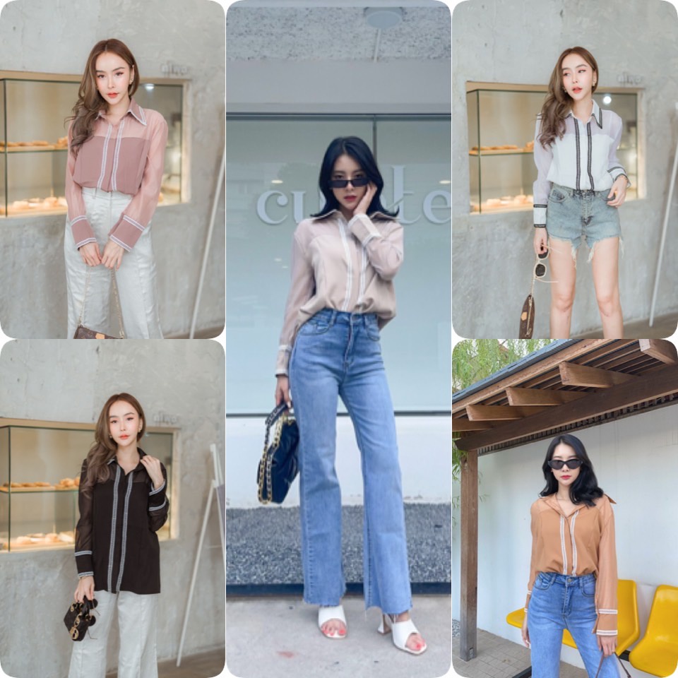 Sydney Shirt เสื้อเชิ้ตผ้าแก้ว ผู้หญิง สีทูโทน นิดๆ ลูกเล่นแต่ง ลูกไม้ตรง