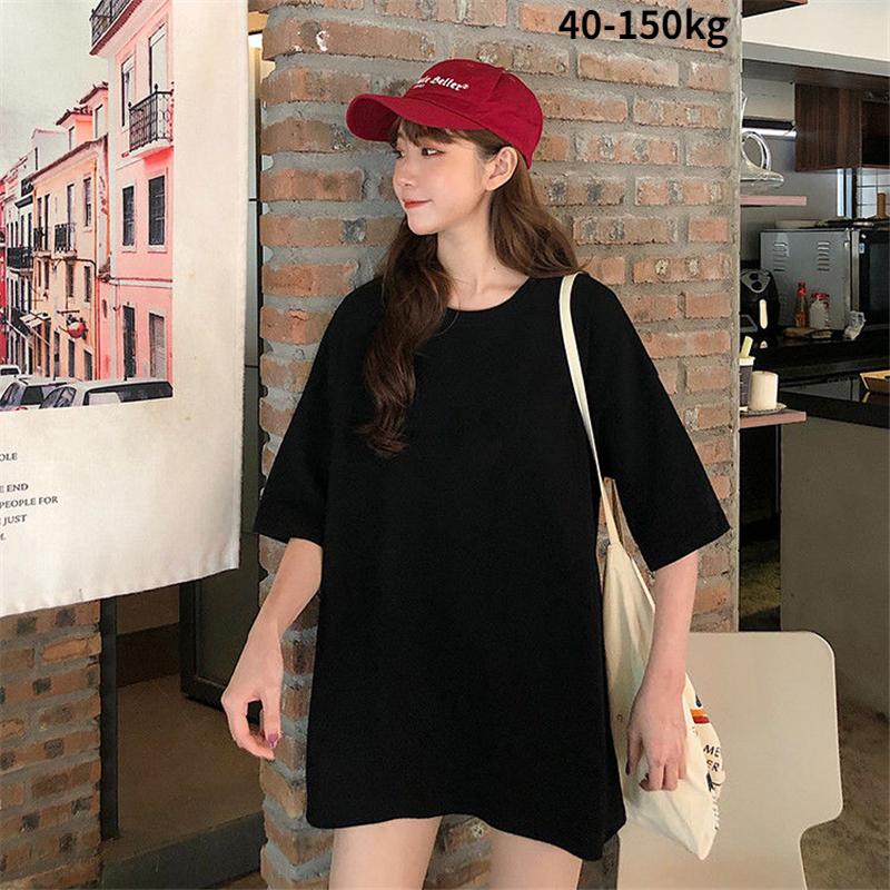 【Plus Size】เสื้อยืดคอกลม แขนสั้น โอเวอร์ไซซ์ สีพื้น สําหรับผู้หญิง (40-150 กก.)