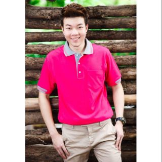 🎁  PL157 เสื้อโปโลทูโทน สีชมพูบานเย็น แขนจั๊ม มีกระเป๋าหน้าอกด้านซ้าย (ผู้ชาย)