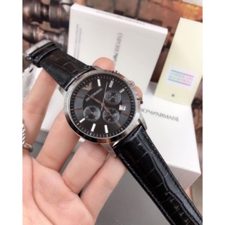 AR2447.   Size 43 mm.  หล่อเลยค่ะ รับประกันความสวย Chronograph Black Dial Black Leather Mens Watch