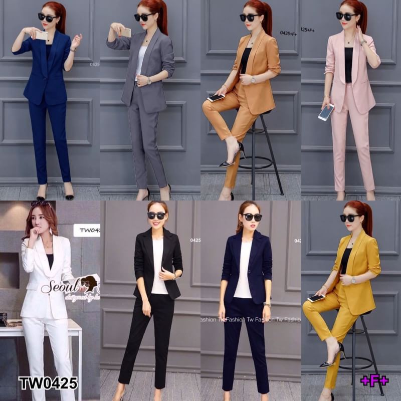 CC 0425 เสื้อสูท ชุดสูททำงาน สูท+กางเกง สูทขายาว สาวผอม M+ สูทหน้าร้อน (ฟรีไซส์ M+ อก 32-38 เอว24-32 สพ36-40)