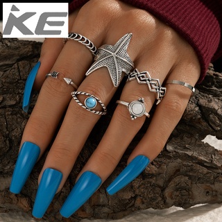 Accessories Exaggerated Green Turquoise Starfish Ring Set of 7 Arrow Open Rings for girls for