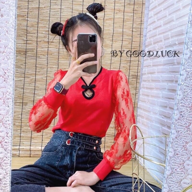 เสื้อยืดไหมพรม คอจีนแขนลูกไม้ รุ่นตรุษจีนแขนลูกไม้ ตอนรับตรุษจีนสวยๆไปเลยจ้า เสื้อลูกไม้