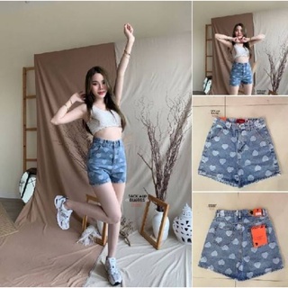 Back​ Up​Jeans​ BU6985 กางเกงขาสั้น เอวสูง ผ้ายีนส์ คัตตอนทอลายหัวใจสีขาว น่ารัก1