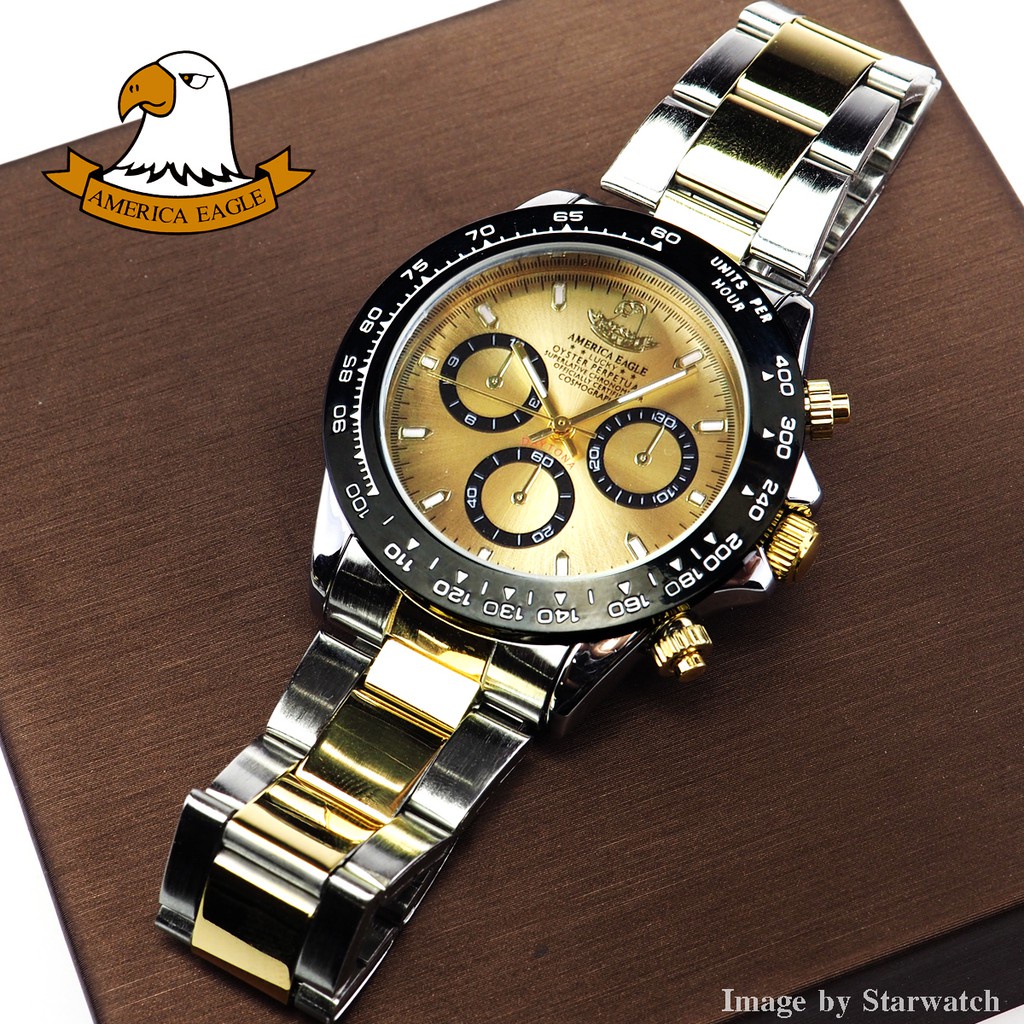 ♈❂AMERICA EAGLE นาฬิกาข้อมือผู้ชาย สายสแตนเลส รุ่น AE8016G - SILVERGOLD/GOLD