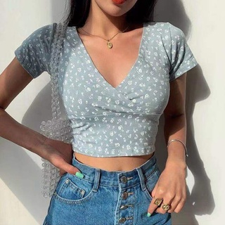 Triple A💕 crop top women top Floral short crop top 2021 new womens summer slim slimming top v-neck short-sleeved Korean t-shirt