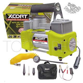 XCORT  ปั๊มลมมินิแบบพกพา 12 โวลท์ แรงดันลมสูงสุด 150PSI 2 สูบ พร้อมไฟฉาย LED และกระเป๋าผ้า( Mini Air Pump )