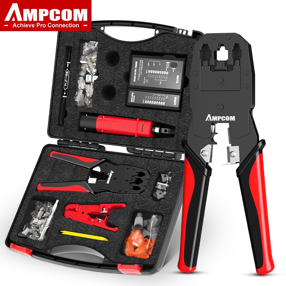 AMPCOM เซ็ตเครื่องมือ RJ45 Crimper Lan Tester Tool Set Ethernet Cable Stripper Punch Down Tool ตัวตัดสาย RJ45 RJ11 Connectors 12 in 1 Cabling Repair Set"