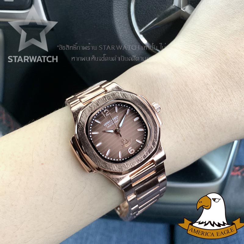 นาฬิกาควอตซ์ นาฬิกา dw AMERICA EAGLE นาฬิกาข้อมือผู้หญิง สายสแตนเลส รุ่น AE8014L– PINKGOLD/BROWN