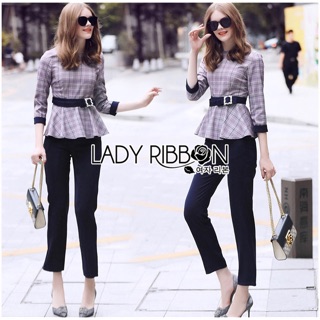 Chic Plaid Peplum Top and Navy Cotton Pants Set