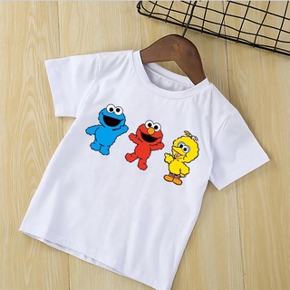 เสื้อยืดแขนกึ่งนิ่ม พิมพ์ลาย Sesame Street สีขาว แฟชั่นยอดนิยม สําหรับเด็กผู้ชาย และเด็กผู้หญิง