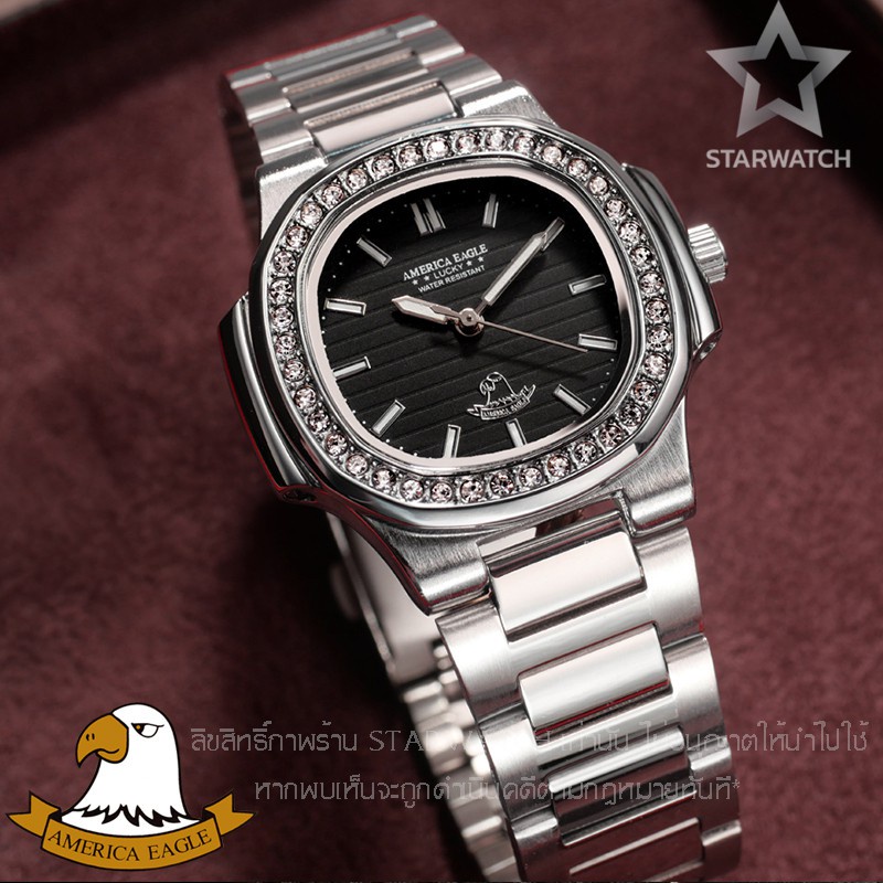 GRAND EAGLE นาฬิกาข้อมือผู้หญิง นาฬิกาควอทซ์สำหรับผู้หญิง ilu₪AMERICA EAGLE นาฬิกาข้อมือผู้หญิง สายสแตนเลส รุ่น AE8014Lเ