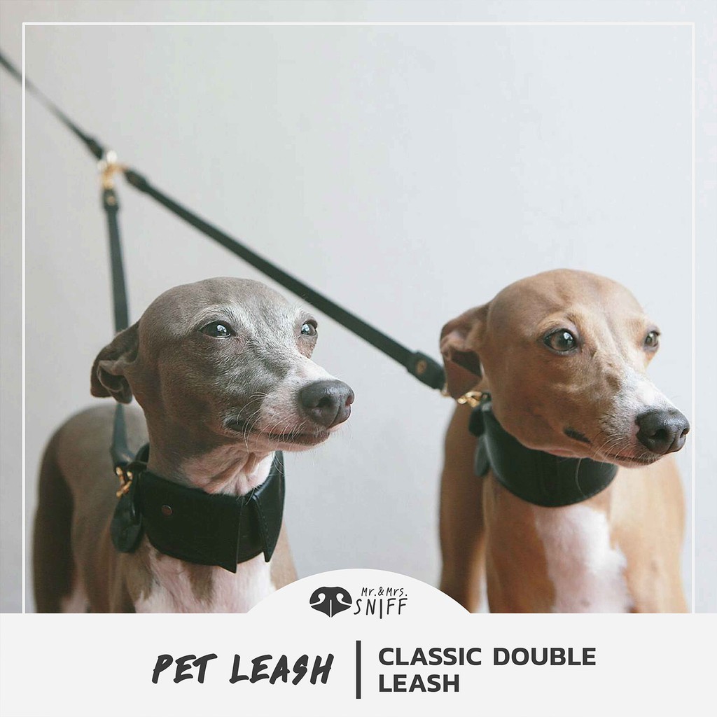 สายจูงคู่สัตว์เลี้ยง Classic pet double leash หนังนิ่มแท้+ไนล่อน ความยาว 115 cm สายจูง 2 หัว สายจูงสุนัข | Mr.&Mrs.Sniff