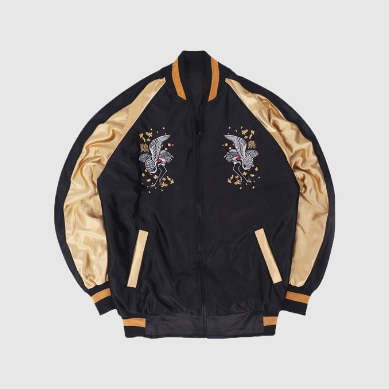 Hitam เสื้อแจ็คเก็ต Murayama Sukajan - Tsurum Tori - Black Gold