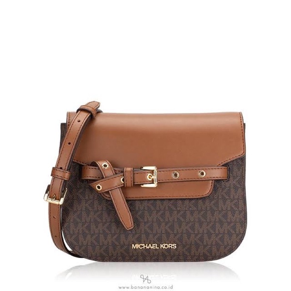 มือสอง งาน shop MK แท้ 💯 Michael Kors Emilia Small Saddle Flap Crossbody Brown MK Signature