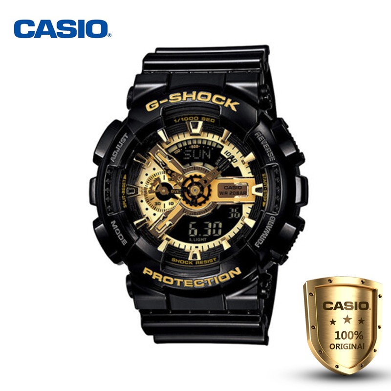 นาฬิกาข้อมือเด็ก นาฬิกาผู้หญิง Casio G-Shockนาฬิกาข้อมือผู้ชายสีดำ/สีทองสายเรซิ่นรุ่นGA-110GB-1ADR