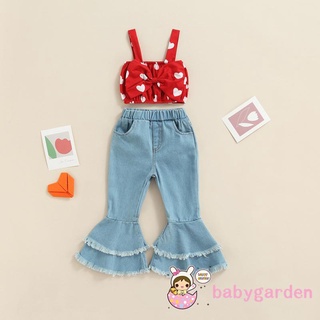 Babygarden- เสื้อสายเดี่ยว พิมพ์ลายหัวใจ ประดับโบว์ + กางเกงยีนขาบาน สีพื้น สําหรับเด็กผู้หญิง 1-6 ปี วันวาเลนไทน์