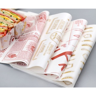 (แพ็ค50ใบ)กระดาษห่อแซนวิส กระดาษไขมีลาย กระดาษรองถาดอบ ขนาด38*28cm ขนาดใหญ่