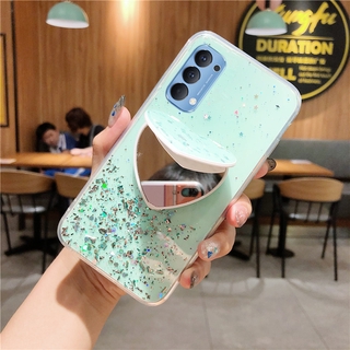 เคส OPPO Reno 5 5G 2021 Casing Bling Glitter Star Space Phone Cover With Make-up Mirror Love Stand Holder OPPO Reno5 เคสโทรศัพท์