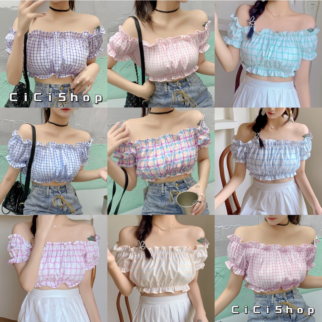 Cicishop(SALE/สุ่มสี 115)เสื้อครอปแขนสั้นจั้มแขนเอว แต่งระบายขอบ ยืดได้ใส่สบายมาก ระบายอากาศได้ดี หลายสีมั่กๆ น่ารัก ค