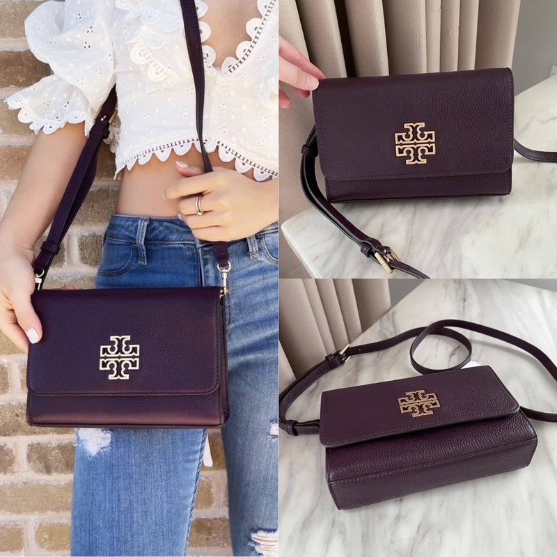 🎀 (สด-ผ่อน) กระเป๋าสีม่วง สีดำ Tory Burch 75025 Britten Combo Leather Cross Body Bag - Black